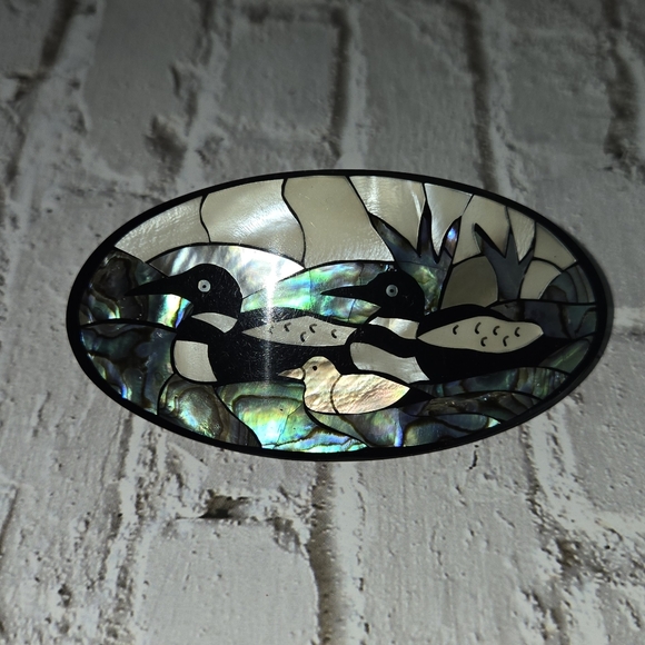 Vintage mother-of-pearl abalone inlays Hair Clip ducks family play in the River - Picture 13 of 17